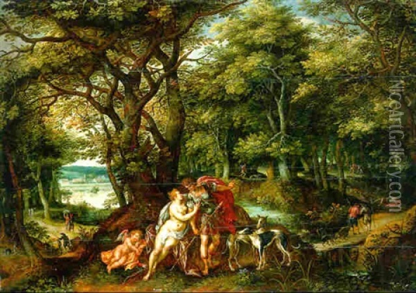 Venus And Adonis In A Wooded Landscape Oil Painting - Hendrick De Clerck