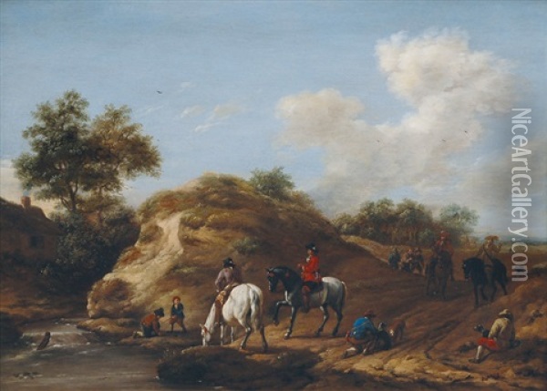 Landscape With Equestrians And Falconers By A River Oil Painting - Barend Gael