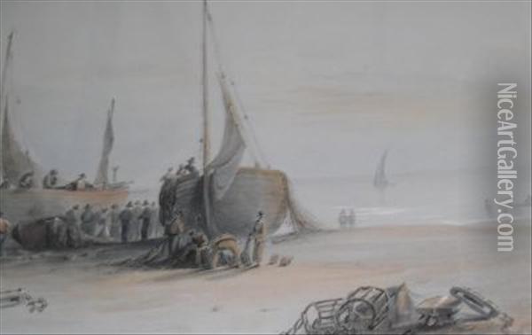 Fishermen On The Beach Hastings Oil Painting - George Bryant Campion
