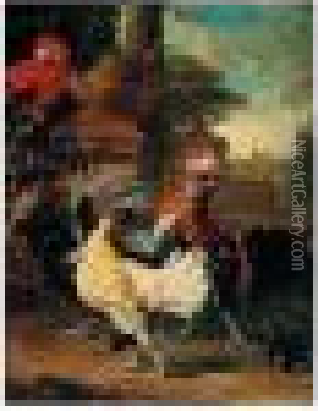 Cockerels, A Hen, And A Parrot In A Garden Oil Painting - Melchior de Hondecoeter