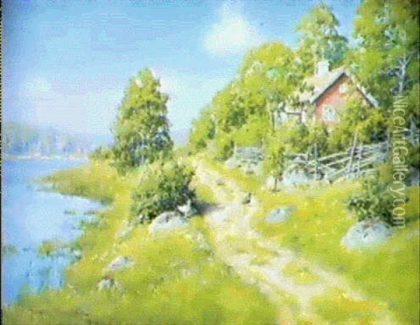 Landskap Med Rod Stuga Vid Sjo- Solig Sommardag Oil Painting - Johan Fredrik Krouthen