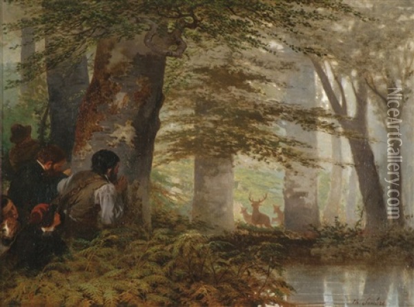 Jager Und Hirschrudel Mit Zwolfender Oil Painting - Charles Soubre