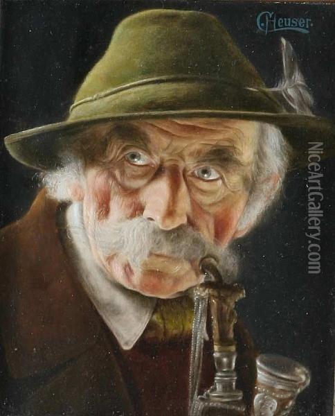 Portrait Of An Elderly Tyrolean Gentleman With A Pipe, Signed Oil Painting - Christian Heuser