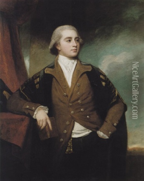 Portrait Of A Gentleman, (thomas Cherbury Bligh ?), Wearing A Brown Coat And Academic Robes With A Book In His Left Hand Oil Painting - George Romney