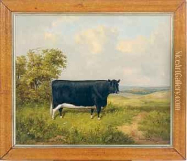 A Black And White Cow In A Landscape Oil Painting - James Senior Clark