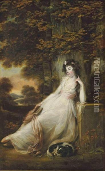 Portrait Of Miss S.d. Chambers, Full-length, In A White Dress, Seated With A Dog, In A River Landscape Oil Painting - John Russell