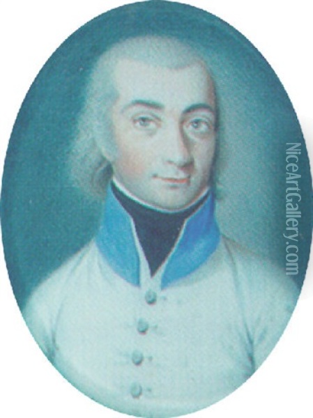 A Officer With Long Powdered Hair And Slide-whiskers, Wearing A White Uniform With Blue Collar Oil Painting - Peter Mayr