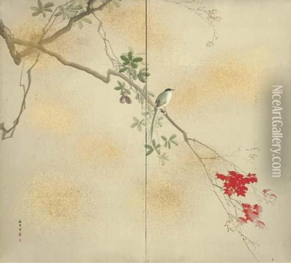 Long-tailed Magpie In Red Maple With Entwined Locquats Oil Painting - Kishi Chikudo