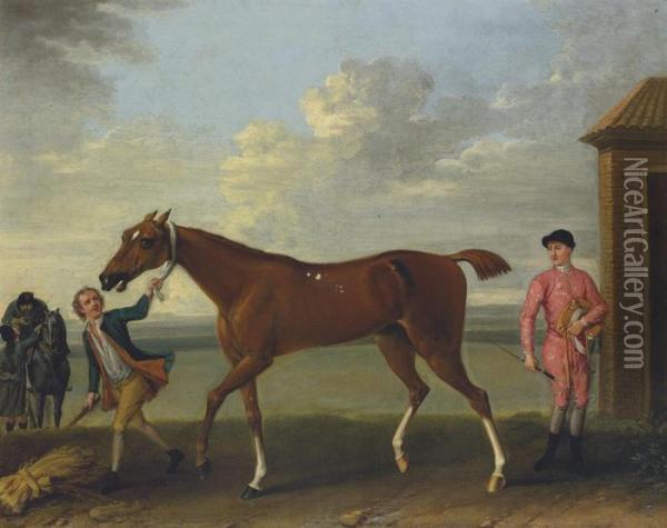 A Chestnut Racehorse Held By A 
Groom, With A Jockey Dismounted, Bythe King's Stables, Newmarket Oil Painting - John Wootton