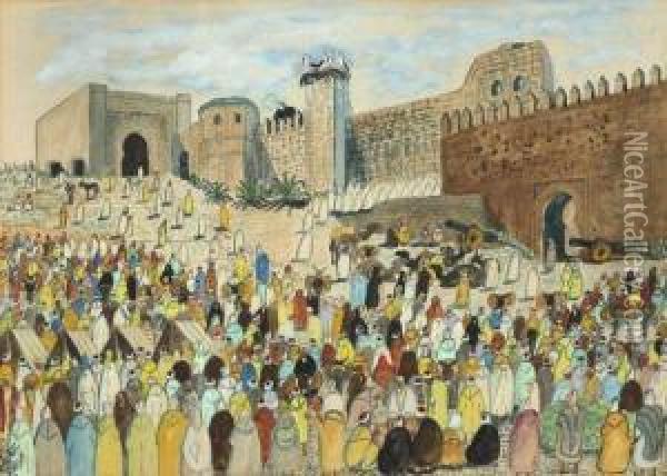 Marche Au Pied Des Oudayas Oil Painting - Mohamed Ben Ali Rbati