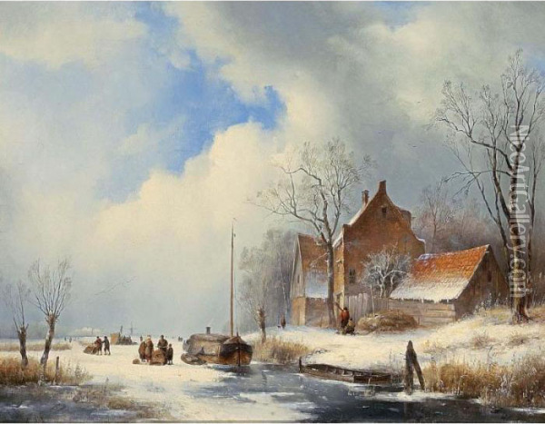 A Frozen Waterway With Figures On The Ice Oil Painting - Jan Jacob Coenraad Spohler