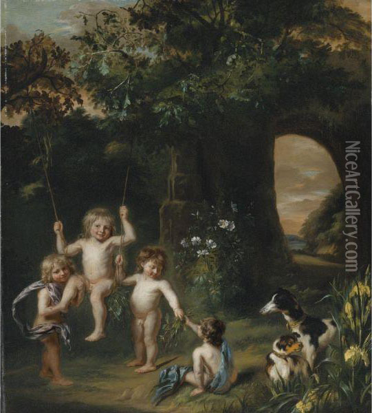 Children Playing With A Swing In A Classical Garden Setting Oil Painting - Nicolaes Maes