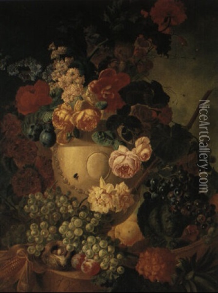 Flowers Ina An Urn With A Bowl Of Fruit On A Ledge Oil Painting - Jan van Os