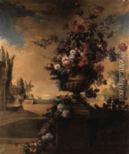 Fleurs Dans Une Urne Sur Une Terrasse Oil Painting - Jean Baptiste Charles Claudot