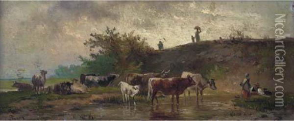 Herders Watering Their Cattle Oil Painting - Constant Troyon