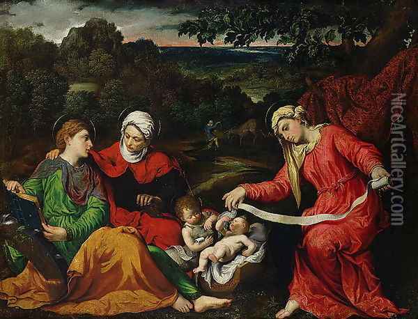 Rest on the Flight into Egypt with St. John the Baptist, St. Elizabeth and St. Catherine c.1545 Oil Painting - Paris Bordone
