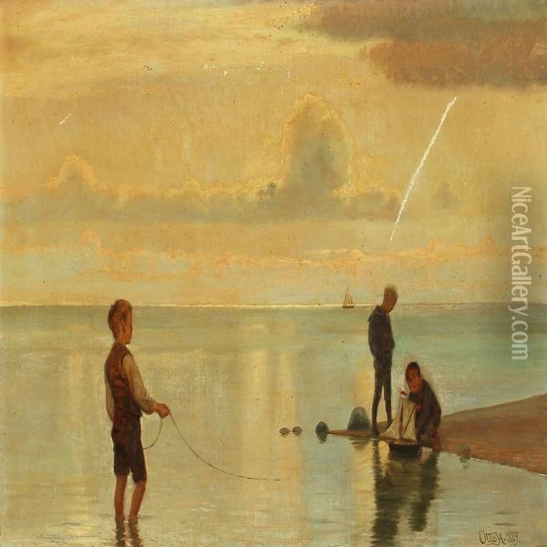 Children Playing In The Water Edge Oil Painting - Otto Haslund