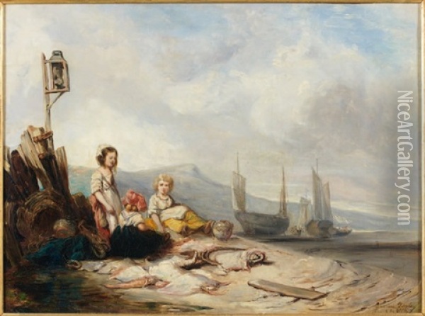Trois Jeunes Enfants Sur Une Plage Oil Painting - Louis-Gabriel-Eugene Isabey