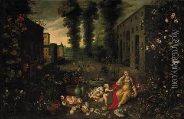 An Allegory Of Smell: A Putto Offering Flowers To A Nymph In The Garden Of A Palatial Mansion Oil Painting - Jan Brueghel the Elder