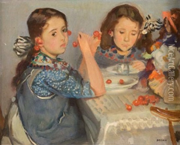 Jeunes Filles Aux Cerises Oil Painting - Auguste Theodore Desch