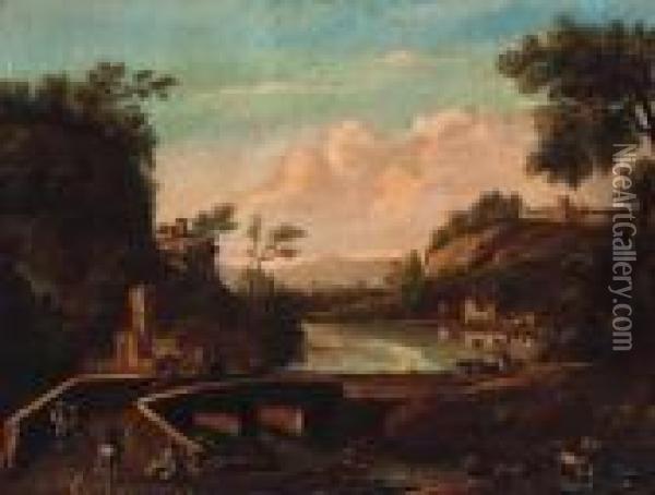 An Italianate River Landscape With Travellers And A Drover Crossinga Bridge Oil Painting - Marco Ricci