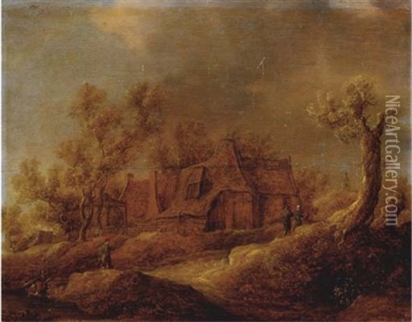 A Wooded Landscape With Figures On A Track Near A Farmhouse Oil Painting - Frans de Hulst