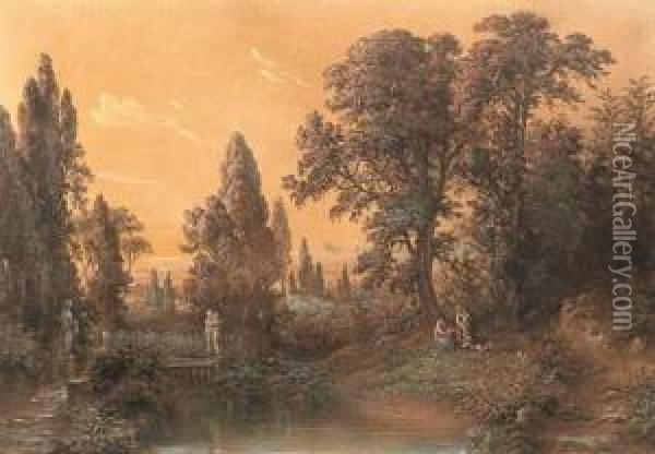 Italian Park Landscape. Oil Painting - Georg Osterwald
