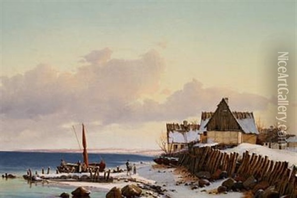 Strandparti Ved Sletten, Vinterdag Oil Painting - Vilhelm Peter Carl Petersen