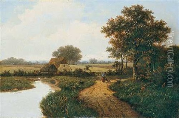 Landschaft Mit Feldweg Und Bauernkate Oil Painting - Hendrik Pieter Koekkoek