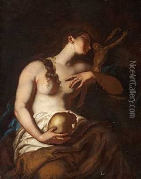 Den Bodfaerdige Maria Magdalene Holdende Et Kranium Og En Kristusfigur Oil Painting - Johann Carl Loth