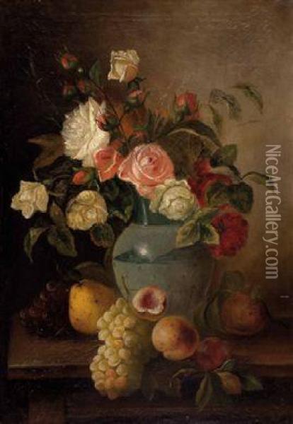 Blumenstillleben Mit Fruchten Oil Painting - Enrico Hohenberger