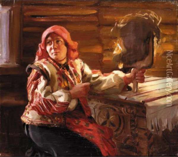 Peasant Woman Spinning By Candlelight Oil Painting - Philippe Andreevitch Maliavine