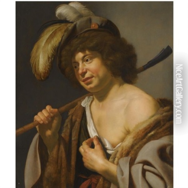 A Shepherd, Wearing A Plumed Hat, Holding A Staff In His Right Hand Oil Painting - Jan Van Bijlert