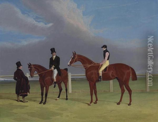 The Colonel With William Scott 
Up And John Scott On A Dark Bay Hack, With Groom, Doncaster Racecourse 
Beyond Oil Painting - John Frederick Herring Snr