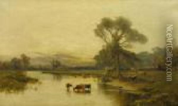 Cattle Watering In A River Landscape Oil Painting - Alfred de Breanski