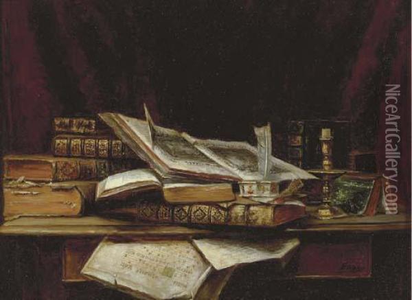 Still Life With Books Oil Painting - Adolphe Aze