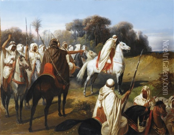 Preparing For Battle (possibly Abd-el-kader And His Troops) Oil Painting - Francois Emile de Lansac