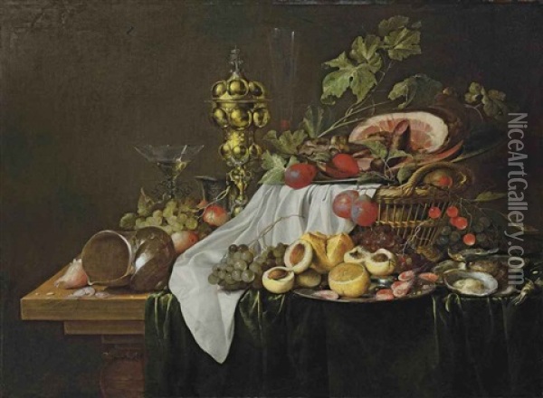 Shells, Shrimps, Peaches, A Facon-de-venise Wine Glass, A Pewter Tankard, A Silver-gilt Cup And Cover, Shrimps, Nectarines And A Lemon On A Pewter Plate... Oil Painting - Jan Davidsz De Heem