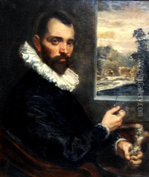 Portrait Of A Gentleman, Seated 
Half-length Turned To The Right Holding A Compass By A Window Oil Painting - Sir Anthony Van Dyck