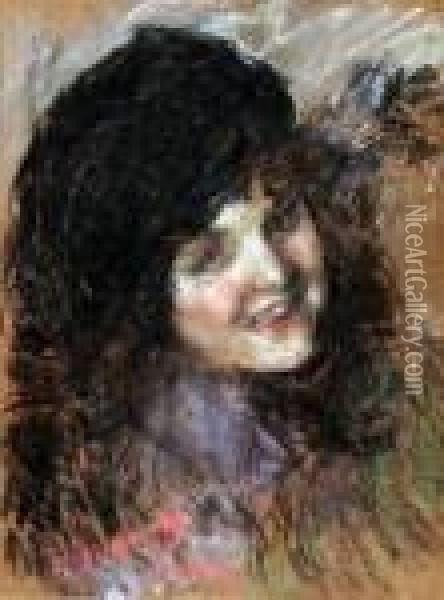 Ritratto Di Fanciulla Con Cappello Nero Oil Painting - Antonio Mancini
