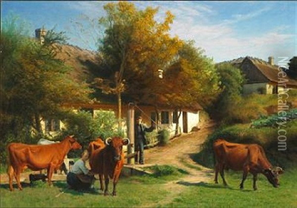 Summer Day With Milkmaid And Cows Oil Painting - Hans Ole Brasen
