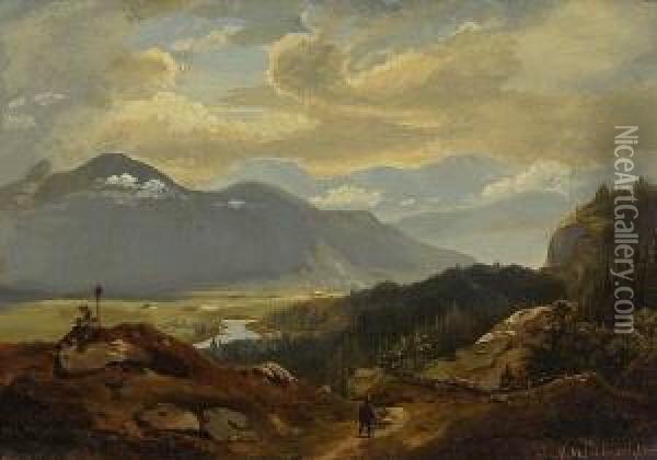 Alpental Mit Einem
 Flusslauf. Oil Painting - Oswald Achenbach