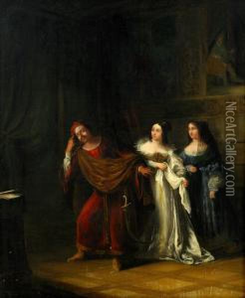 Interior Med Man Och Tva Kvinnor Oil Painting - Charles Landseer