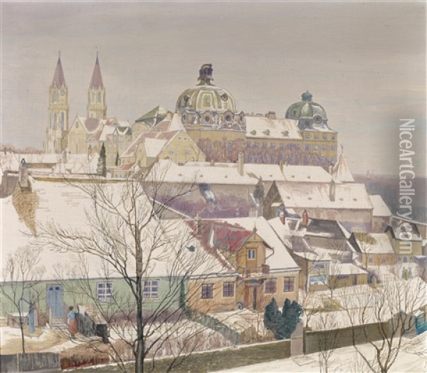 Stift Klosterneuburg Im Winter (gesehen Von Der Pionier... Kaserne) Oil Painting - Max Kahrer