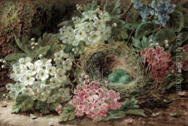 Still Life Of Flowers And A Bird Nest (+ Still Life Of Fruit; Pair) Oil Painting - Oliver Clare