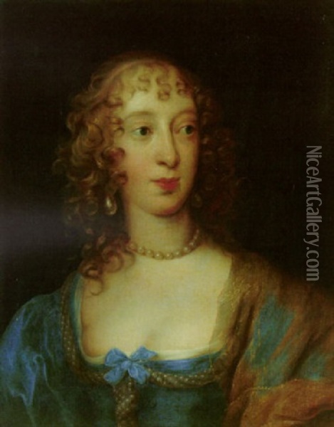 Portrait Of Catherine Howard, Lady D'aubigny Wearing A Blue Dress And Gold Robes Oil Painting - Theodore Russell