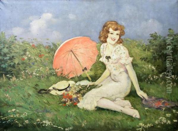Among Flowers Oil Painting - Lipot Illencz