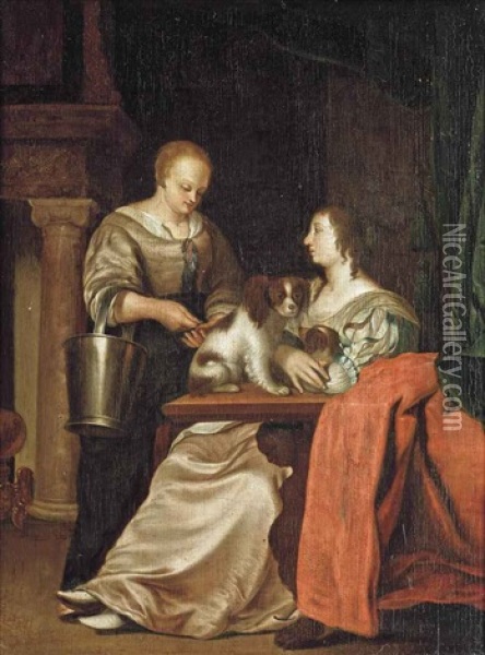 A Lady And Her Maid In An Interior Oil Painting - Frans van Mieris the Elder