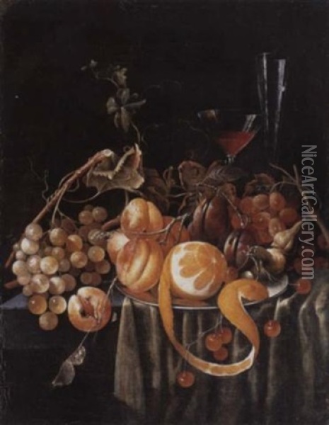 A Still Life Of Grapes, Apricots, Plums, Cherries And A Peeled Orange, Together With Glasses On A Table Oil Painting - Jan Davidsz De Heem