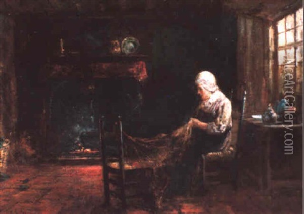Old Woman Mending Fishing Net In Kitchen Interior Oil Painting - Jozef Israels